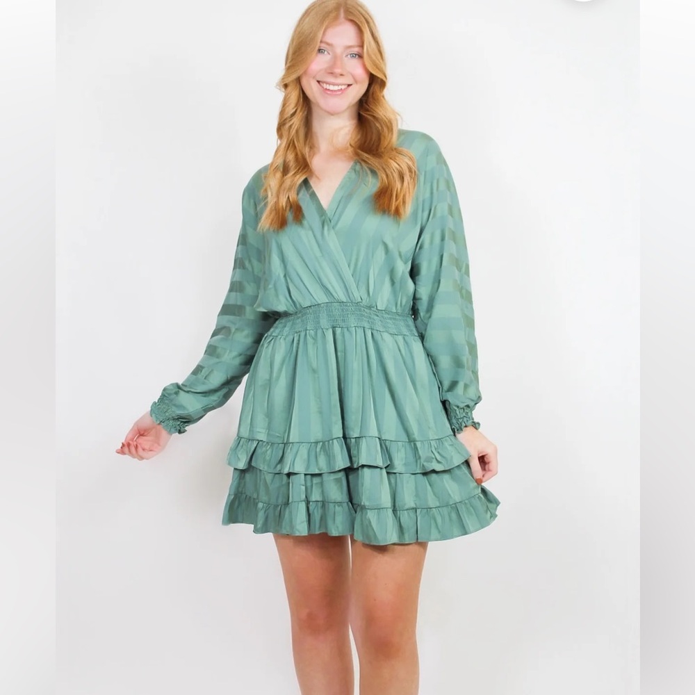 Elegant Green Stripe Ruffle Summer Spring Dress - Picture 13 of 13